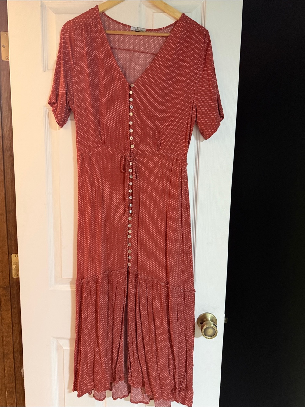 Button-Front Midi Dress with Tie Waist in Rust Dot